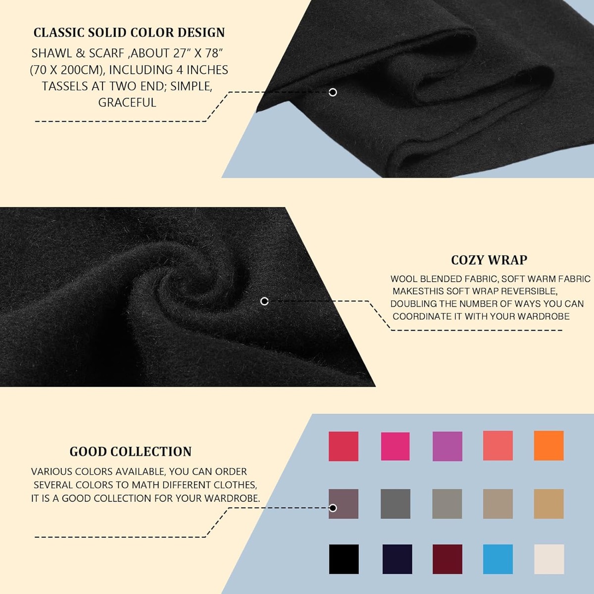 Winter Wool Blend Scarf Shawl Wrap for Women and Men | Thick Warm Solid Color Wrap, Extra-Long 78" Versatile Styling 5